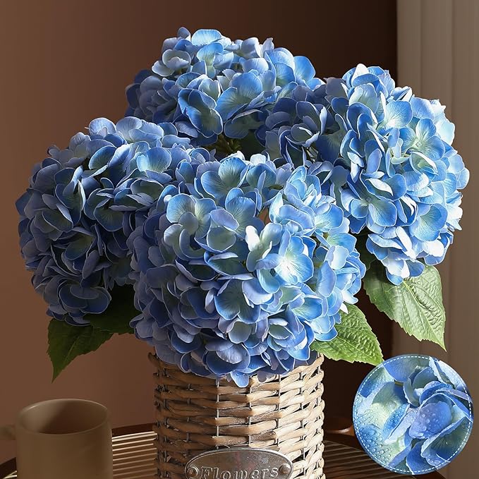 4Pcs Hydrangea Artificial Flowers, 22.44" Real Touch Latex Faux Hydrangea with Long Stems & Leaves for Home Office Decor or Wedding, Party, Centerpieces, Floral Arrangements (Blue)