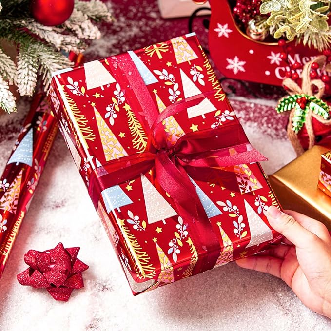 MAYPLUSS Christmas Wrapping Paper Roll - 17IN X 33FT - Christmas Gift Wrapping Paper Featuring Triangle Tree Against Red Reversible Gold for Kids, Holiday, New Year