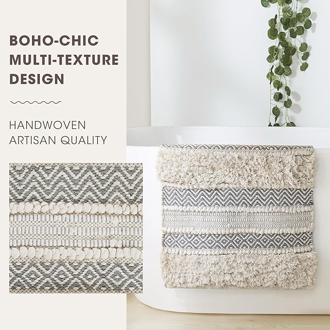 Ink+Ivy Bath Rug Hand-Woven Texture Shaggy Striped Soft & Water Absorbent, Boho Bathroom Décor Bath-Mats, Non-Slip Absorbent Quick Dry Mats for Tub, Shower Room, Asher, 22x58 Grey