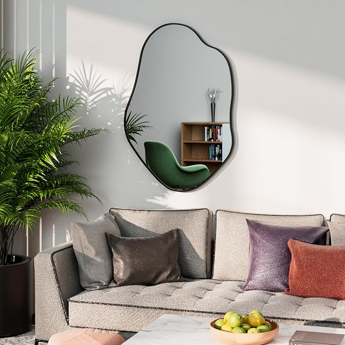 41"x28" Irregular Wall Mirror Cloud Asymmetrical Shaped Black Aluminum Alloy Framed Mirror for Living Room Bathroom Bedroom Entryway Fireplace