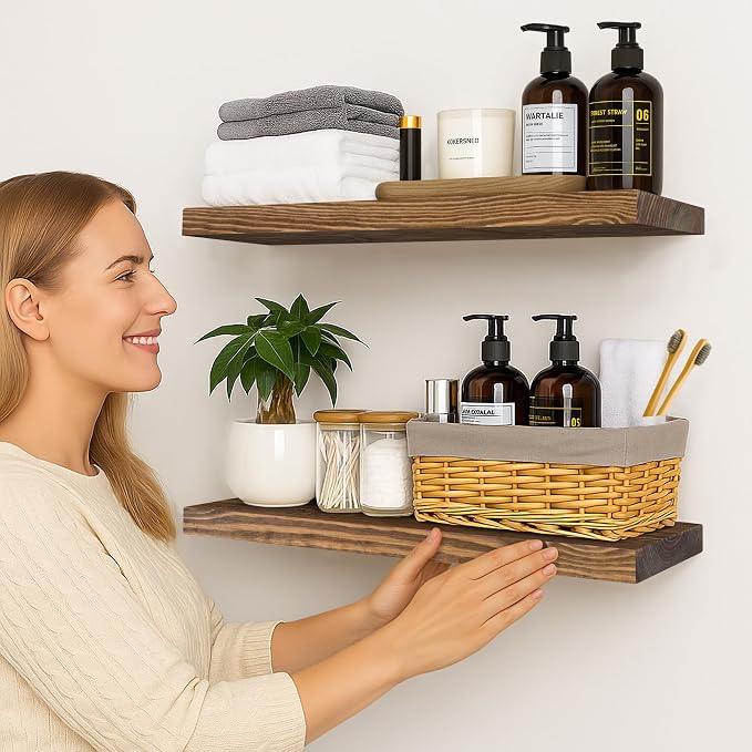 BGMG Wood Floating Shelves for Wall 24 inch Set of 2, Rustic Wooden Wall Mount Shelves for Bathroom Living Room Bedroom Kitchen Farmhouse -24x6.7-Dark Walnut