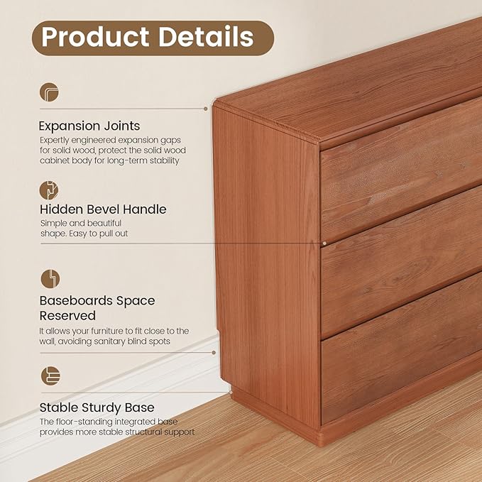 Solid Wood Dresser for Bedroom, Natural Solid Wood 6 Drawer Dresser,55.2" Wide Mid Century Modern Chest of Drawers, Closet Storage Organizer for Living Room, Bedroom