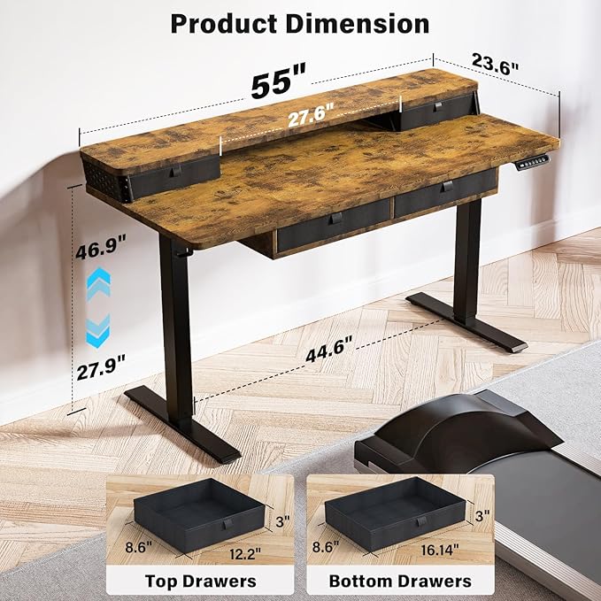 Electric Standing Desk with 4 Drawers 55''x 24'' Adjustable Height Sit to Stand Up Desk with Storage Shelf, C-Clamp Mount Compatible Black Home Office Desks Computer Gaming Table Ergonomic Workstation