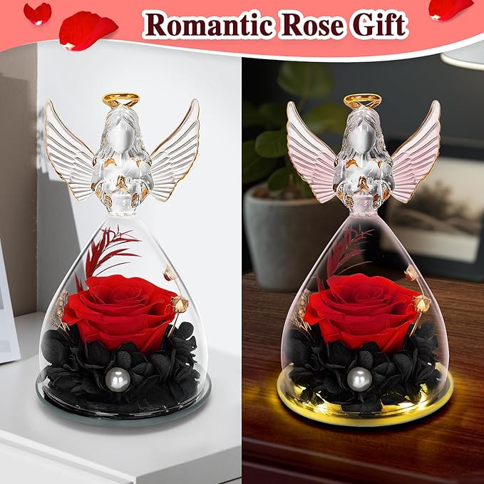 LURLIN Birthday Gifts for Women - Preserved Flowers & Glass Angel Figurines with LED Rose for Mom, Grandma, Wife, Friend, Teacher, Nurse, Anniversary Day Girls Gift