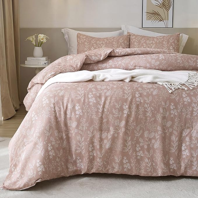 HighBuy Vintage Style Floral Duvet Cover Queen 3 Piece Girls Mauve Botanical Bedding Set 100% Cotton Cottagecore Comforter Cover Garden Style with Zipper Aesthetic Duvet Cover Set Queen,Mauve Brown