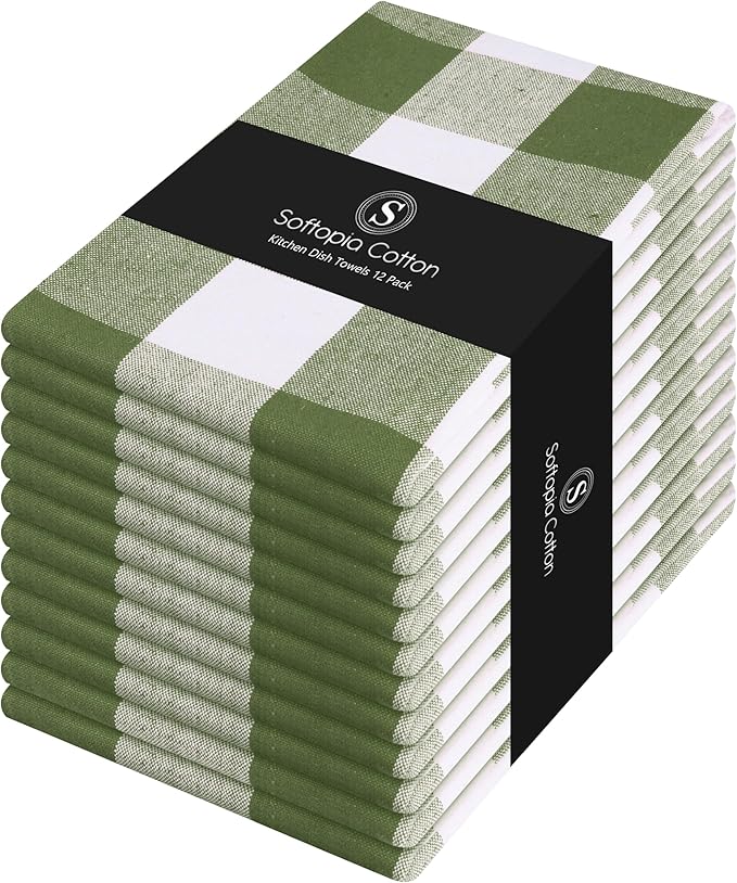 Mint Green and White 12 Pack Buffalo Check Kitchen Towels, 16x26 Inches, 100% Cotton Dish Cloths, Reusable Hand Towels for Drying Glassware, Cleaning Spills, Farmhouse Plaid Towel