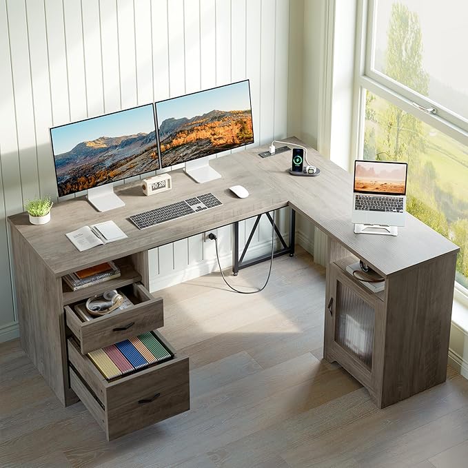 Bestier Farmhouse L Shaped Desk with Drawers, 63" x 47" Office Computer Desk with Charging Station & Fluted Storage Cabinet, Corner Desk with File Drawers, Modesty Panel for Home Office, Grey