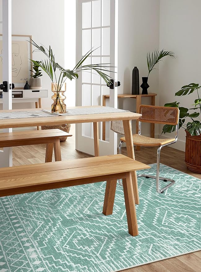 Wonnitar Moroccan Area Rugs 4x6, Sage Green Boho Rug for Bedroom, Washable Ultra-Thin Living Room Throw Mat, Farmhouse Geometric Soft Print Carpet for Nursery Bathroom Kitchen (Mint Green,4'x6')