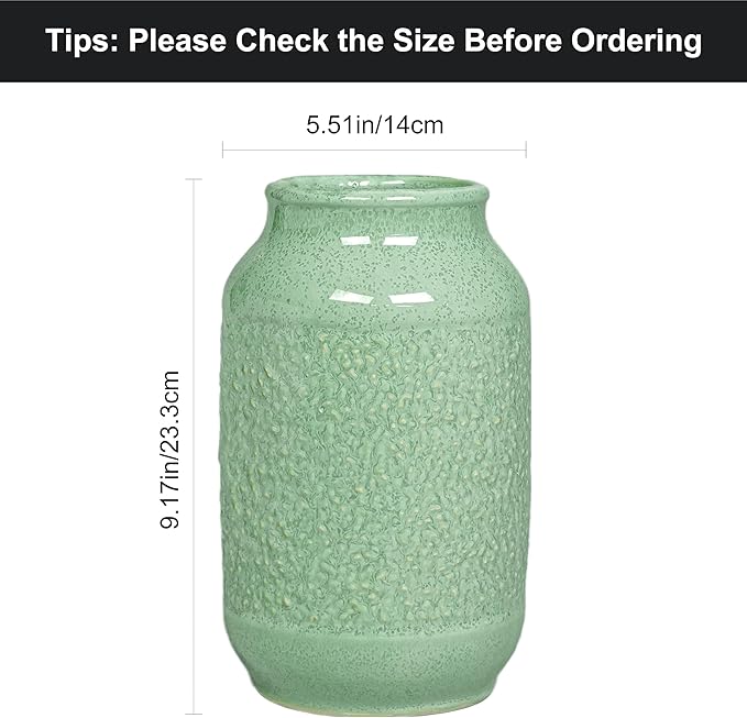 Ceramic Vase, 9 Inch Modern Green Flower Vases for Home Decor, Dining Table,Entryway, Living Room, Bathroom, Bookshelf, Bedroom, Kitchen, Mantle, Office, Foyar