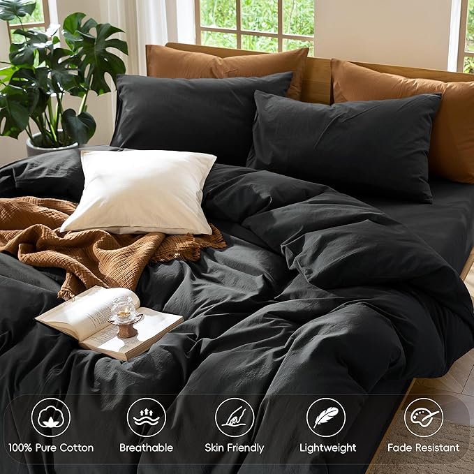MooMee Bedding Duvet Cover Set 100% Washed Cotton Linen Like Textured Breathable Durable Soft Comfy (Solid Black, Super King Plus 120"x120")