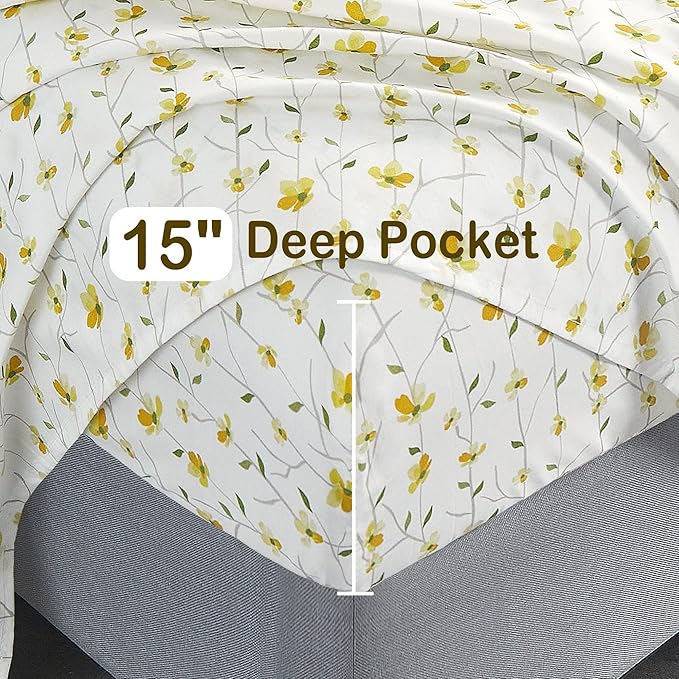 Softan King Sheet Set Yellow Floral Bed Sheets Printed Sheets - 4 Piece Soft Microfiber Patterned Fitted Sheets King with 15" Deep Pocket and Corner Straps, Cute Yellow Flower Sheets & Pillowcase Set