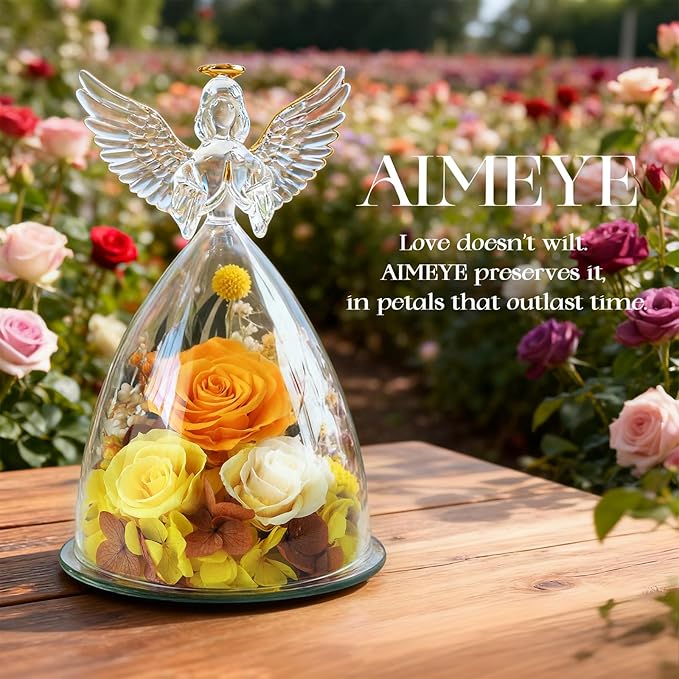 Christmas Roses Gifts for Mom,Preserved Real Flowers Roses in Glass Angel Figurines, for Grandma Women Mom Wife Mother in Law/Yellow
