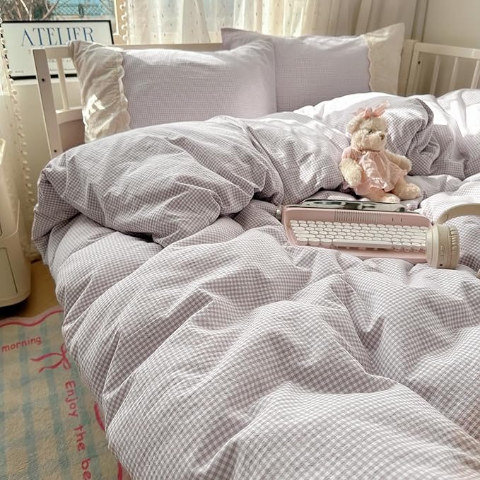 LifeTB Purple Gingham Comforter Set Queen Romantic Lace Style Checkered Pattern Comforter Set Farmhouse Purple Grid Plaid Bedding Comforter Queen Fluffy Soft Lightweight Gingham Bedding Set