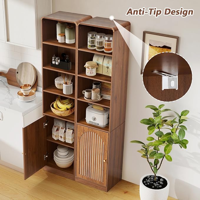 67" Tall Slim Bathroom Storage Cabinet, Narrow Bathroom Towel Cabinet with Arched Door and Adjustable Shelves, Mid Century Modern Laundry Room Organization for Small Space, Kitchen, Living Room,Walnut