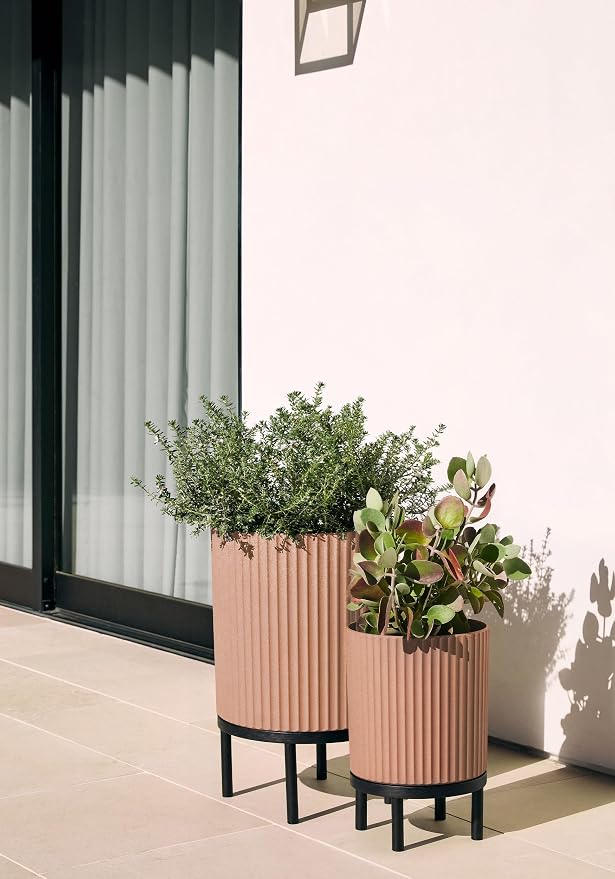Veradek Demi Series Round Planter w/Stand for Porch/Patio | Durable Plastic-Stone Composite & Wooden Stand | Modern Décor for Tall Plants, Flowers