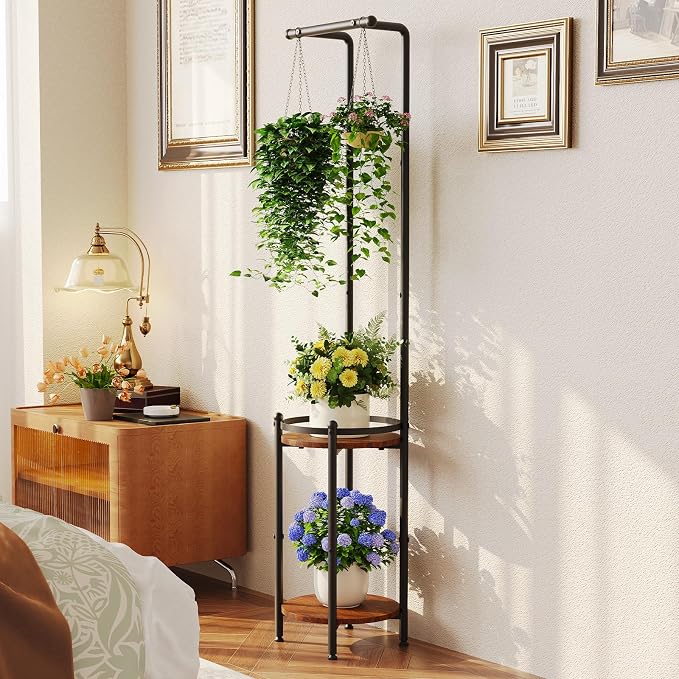 Homsorout Plant Stand Indoor Outdoor - Heavy Duty Metal 2-tier Hanging Plant Holder Space-Saving Iron Plant Stands Tall Plant Shelf for Living Room Garden Balcony（Rustic Brown and Black）