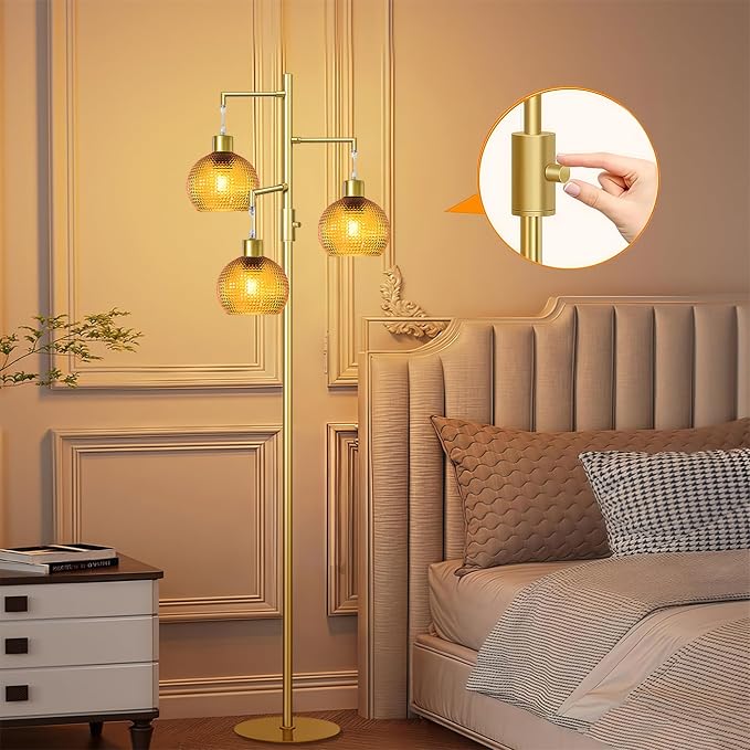Modern Floor Lamp for Living Room, Mid Century Standing Tree Lamps with Orange Glass Shade, Dimmable 3 Lights Tall Lamp, 3 x 600LM LED Edison Bulbs Included