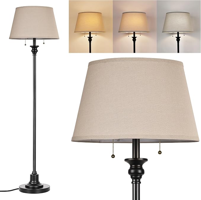 2-Light Floor Lamp for living room, 66.5'' Rustic Farmhouse Pole Lamp with Double Pull Chain, Mid Century Vintage Tall Standing Lamp for Bedroom Home Decor(3 Color Temperatures Bulb Included), Black