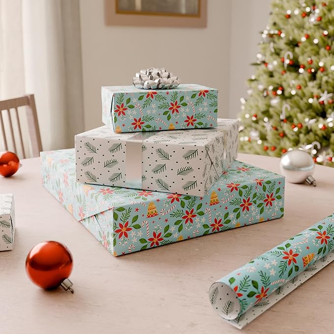 American Greetings Reversible Poinsettia Christmas Wrapping Paper Roll, Christmas Floral Holiday Gift Wrap (60 sq. ft., 1 Standard Roll Wrap-30 in. x 24 ft.) Papel de Regalo de Navidad