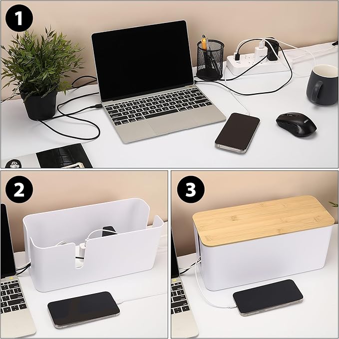 ZhiYo Bamboo Lid Cord Organizer Box, Safe ABS Cable Management Box for TV and Computer, Wood Cover Cord Hider to Hide Wires, Router, USB Hub & Under Desk Power Strip, 1 Pack L13.1 xW5.6 xH5.6 Black