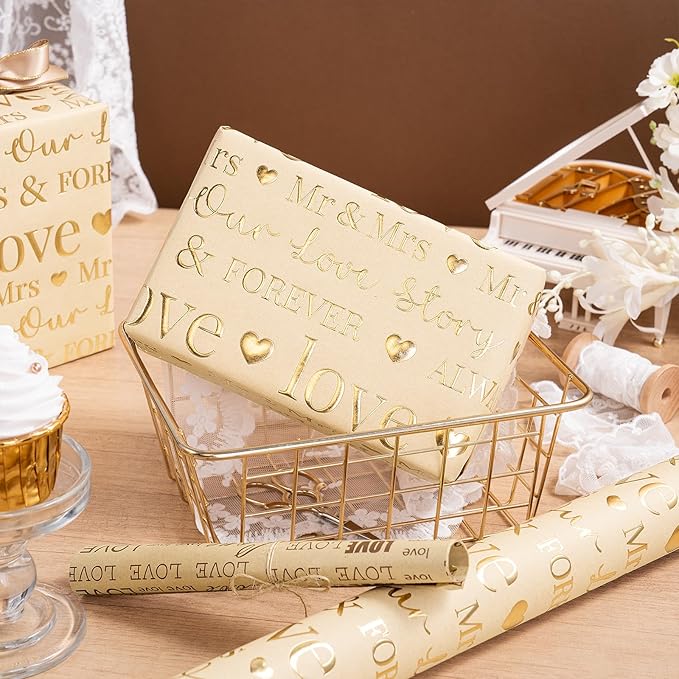 RUSPEPA Brown Wedding Wrapping Paper, Mini Roll, Luxury Gold Foil LOVE Design, Perfect for Wedding, Bridal Shower, Anniversary, 17 Inches x 16.5 Feet