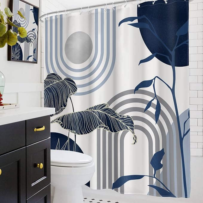 Glawry Mid Century Abstract Shower Curtain Blue Grey Boho Palm Tree Leaf Sun Arch Minimalist Geometric Bathroom Modern Aesthetic 60Wx72L Inches Bath Accessories Art Home Decor Fabric 12 Pack Hook