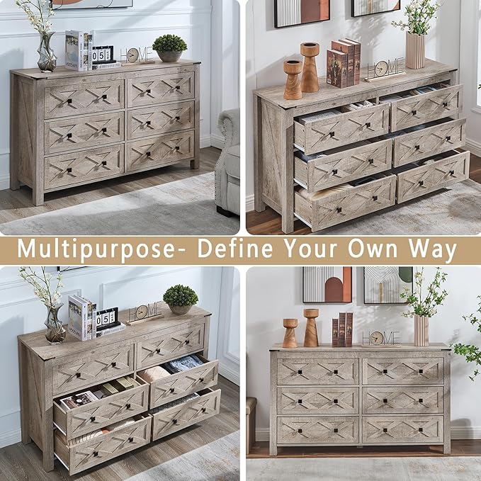 6 Drawer Dresser, Farmhouse 54" Wide Wood Chests of Drawers for Bedroom, Grey Dresser TV Stand Organizers for Entryway, Clothes Organizer, Accessory Storage Cabinet, Light Rustic Oak