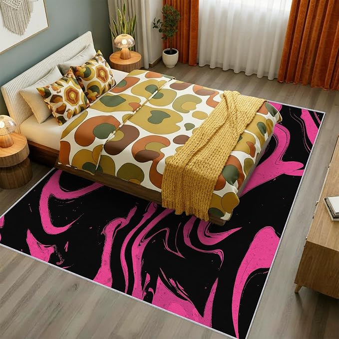 70s Rug 5x8 Retro Black Pink Abstract Hippie Pattern Area Rugs for Living Room, Bedroom, 70s Home Decor Accessories Indoor Carpet, Non Slip & Machine Washable, GD0387
