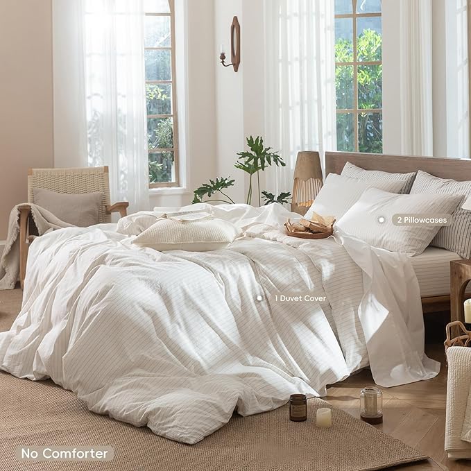 MooMee Striped Duvet Cover Set 100% Washed Cotton Linen Like Textured Breathable Durable Soft Comfy (White Almond Milk Grey Wide Stripes, Oversized King Plus 128"x120")