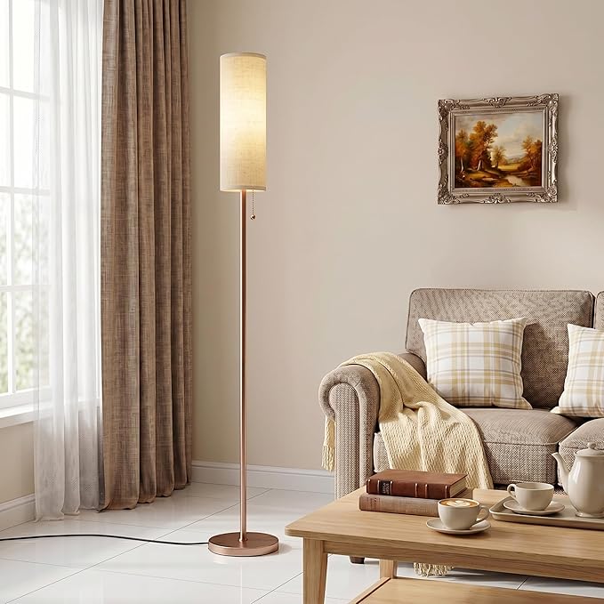 Ambimall Floor Lamp for Living Room with 3 Color Temperatures Bulb, 64" Standing lamp with Linen lampshade for Bedroom, Minimalist Pole Lamp, Dark Beige Shade & Brown Pole