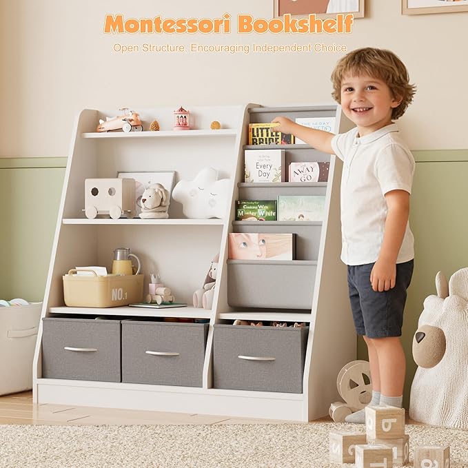 NACHES Kids Bookshelf and Toy Storage Organizer, Montessori Nursery Book Shelves with Sling Rack & Fabric Toy Bins, Children Toddler Baby Bookcase, Wooden Toy Shelf for Kids Room, Playroom, White