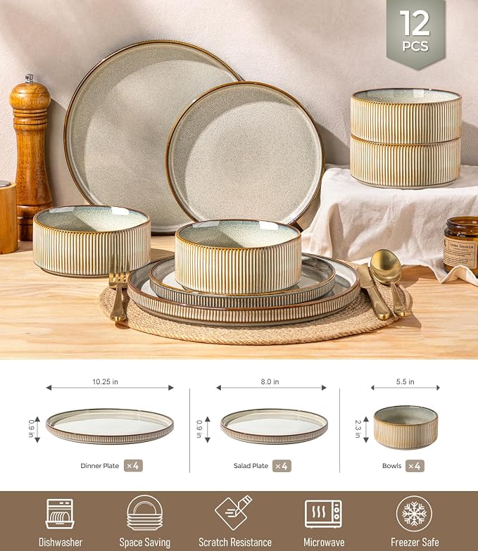 GBHOME 12-Piece Stoneware Dinnerware Set for 4 – Ribbed Ceramic Plates and Bowls, Scratch-Resistant, Microwave & Dishwasher Safe, Reactive Glaze, Reactive Glaze Green Wheat
