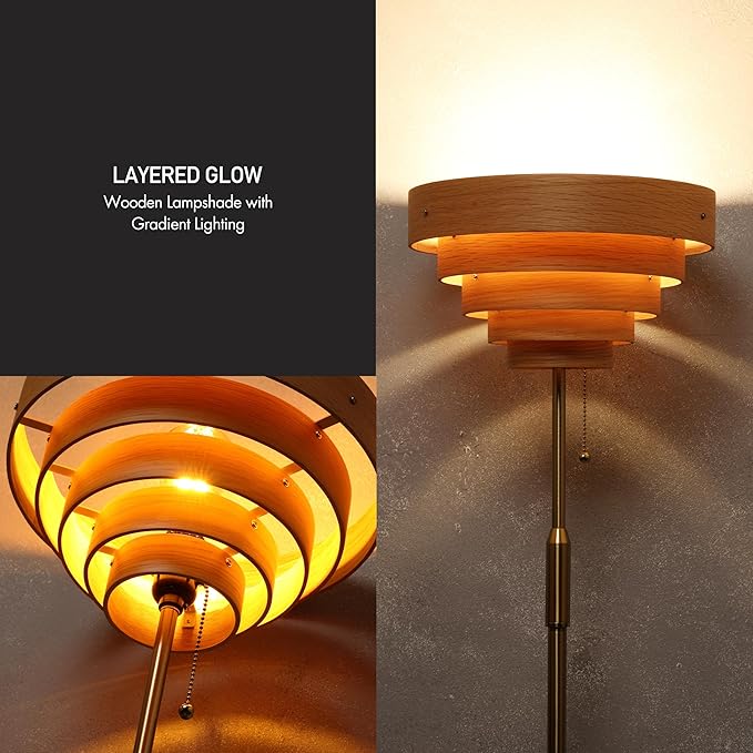O'Bright Cascade Floor Lamp – Modern Wooden Layered Lampshade, E26 Socket, Pull Chain Switch, Metal Base, Standing Lamp for Living Room, Bedroom, Office, Antique Brass