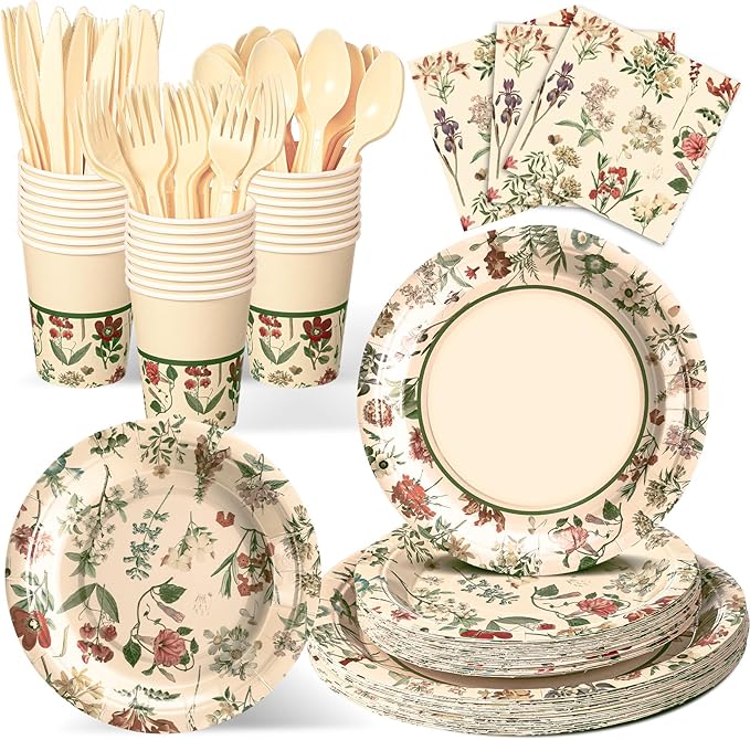 Roshtia 50 Set Floral Party Supplies Flower Paper Plates Napkins Tablewares Disposable Flower Dinnerware for Girls Women Floral Birthday Tea Party Decorations Favors