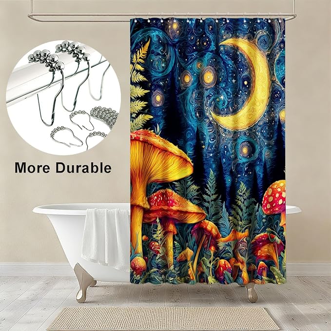 Mushroom Shower Curtain Moon Aesthetic Shower Curtains for Bathroom Waterproof Fabric Bath Curtain Decor with Hooks