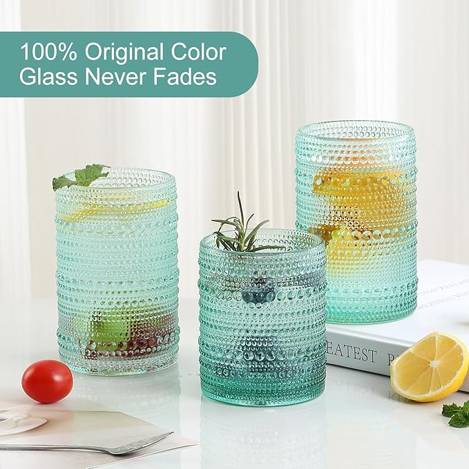 ZMOWIPDL Vintage Glassware Drinking Glasses Set of 12,Light Blue 12oz & 15oz Hobnail Glass Cups,Embossed Water Tumbler,for Beer,Cocktail,Whiskey,Juice and Various Mixed Drinks- 1 Cleaning Brush