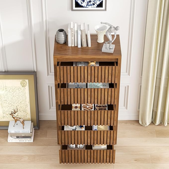 Fluted Tall 5 Drawer Dresser, Mid Century Dresser for Bedroom, 45 Inch Wood Chest of Drawers, Modern Closet Clothes Organizer, Walnut Wooden Storage for Living Room, Brown