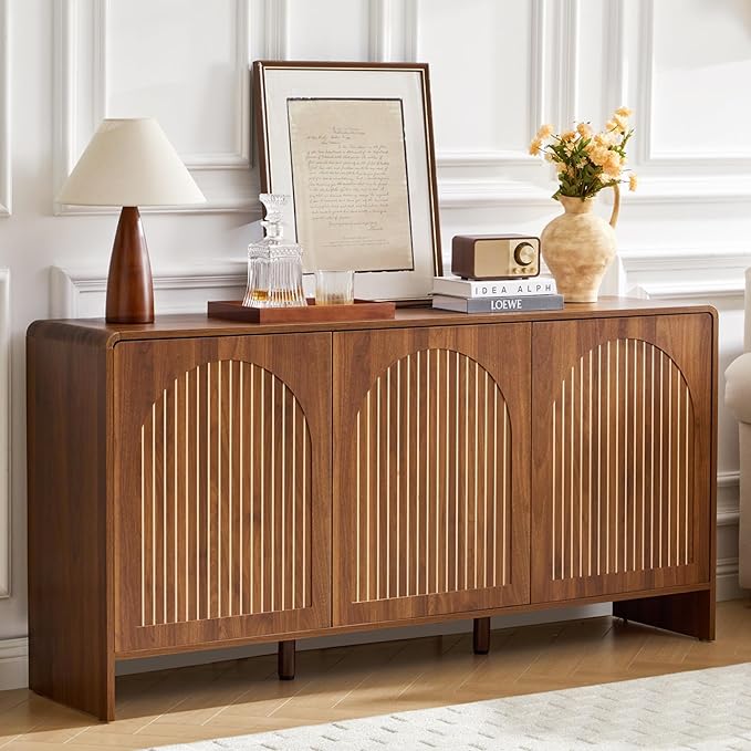 59" Sideboard Buffet Cabinet with Storage, Wood Arched Storage Cabinet with 3 Doors and Adjustable Shelf, Large Curved TV Console Accent Cabinet for Living Room Hallway Kitchen Dining Room, Walnut