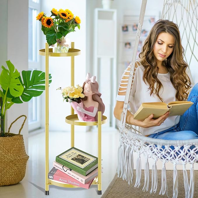 3 Tier Plant Stand Indoor Tall, Black Corner Tiered Round Plant Stand for Indoor Multiple Plants, Metal Flower Pot Stands Outdoor Holders Plant Shelf Display Rack for Balcony Living Room (3 Tier-Golden)