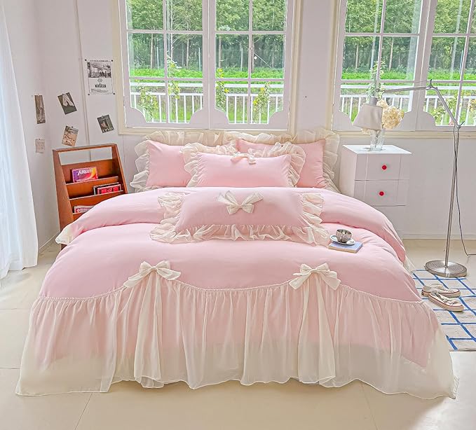 Chic Lace Bedding,Girls Twin Aesthetic Comforter Cover Set,Romantic French Princess Style Ruffled Duvet Cover with Lovely Bow with Zipper Closure-Pink,Twin Size