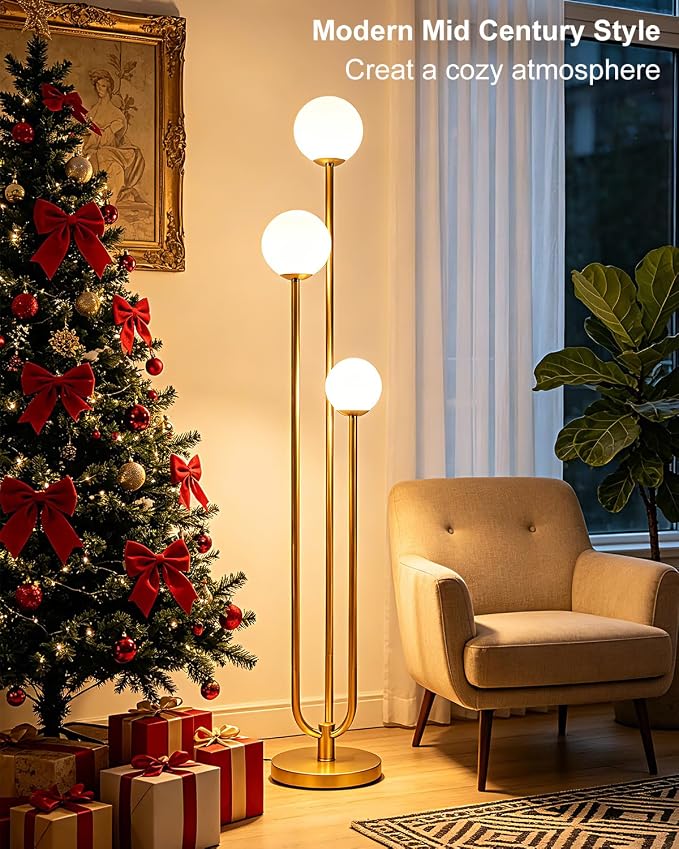 63IN 3-Light Dimmable Floor Lamp, Unique Gold Tall Standing Lamps with 3000K G9 Bulbs for Reading, Mid Century Modern Floor Lamp with 5Lbs Heavy Base for Living Room Bedroom Home Office