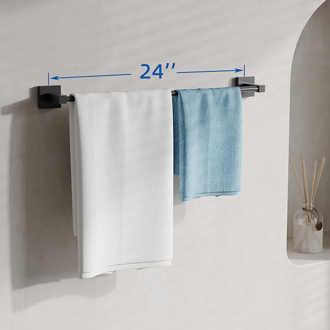 RUACQ Black Towel Bar 24 inch, 304 Stainless Steel Towel Racks for Bathroom Wall Mounted, Heavy Duty Bath Towel Rod with Square Base(Matte Black)