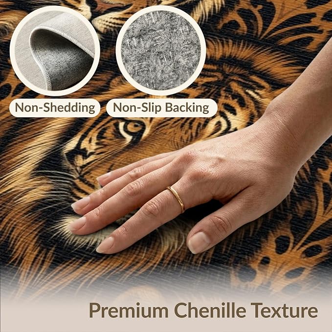 8'x10' Washable Flatwoven Rug, Orange Modern Tiger Print Stain Resistant Extra Large Carpet Non-Slip Chair-Friendly Mat for Dining Room, Large Office, Lounge | Ref:2229845