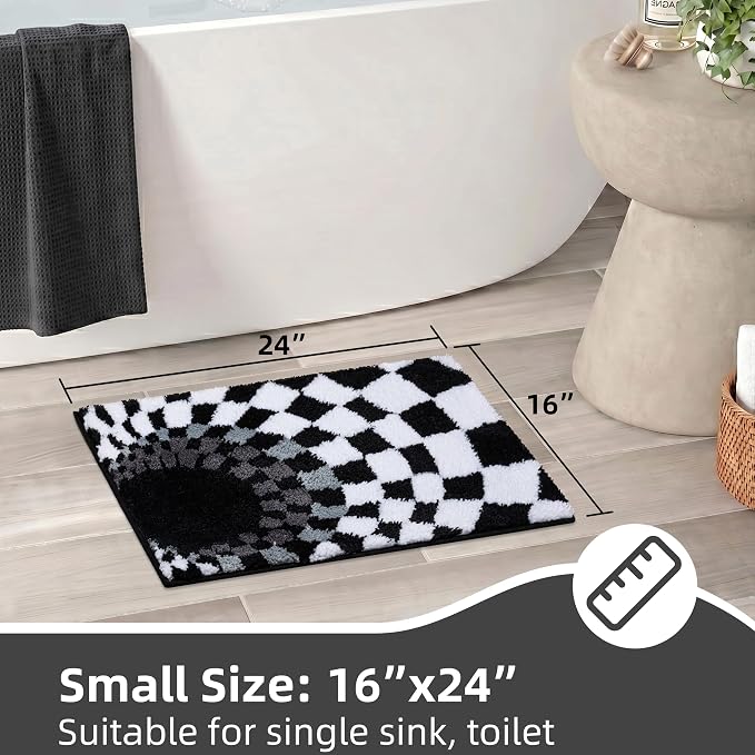 Non Slip Tufted Checkered Bath Mat, Cute Funky Microfiber Absorbent Bath Rug for Bathroom Sink, Toilet, High Pile Black and White Checkerboard Rug, Machine Washable, 16"x24"