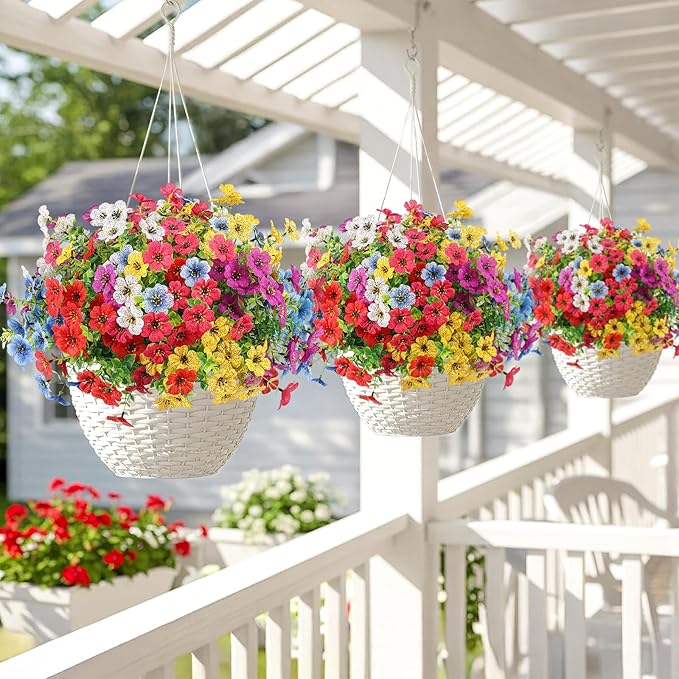 Artificial Spring Flowers Outdoor Faux Plants UV Resistant Fake Patio Flowers Plastic Greenery Plnats Outside Bulk for Spring Garden Hanging Planter Home Vase Decor, 12 Bundles (Multicolor)