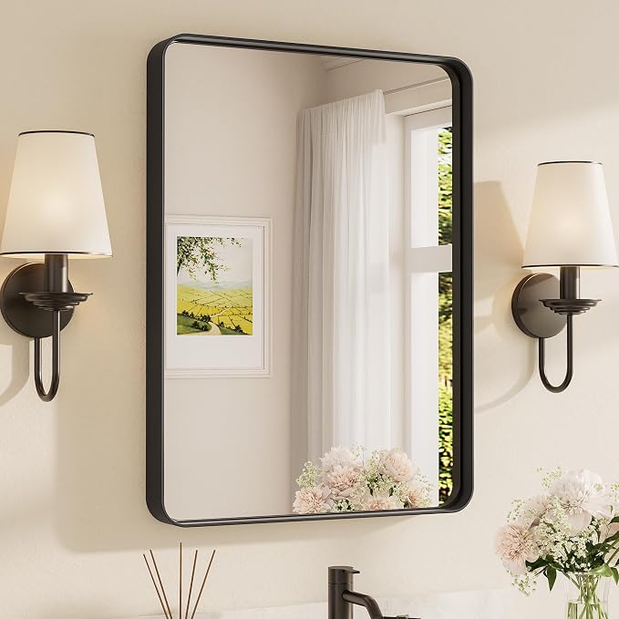 TETOTE Black Framed Bathroom Mirror, 24 x 32 Inch Matte Metal Frame Vanity Mirror, Farmhouse Wall Mounted Rectangle Mirror (Horizontal/Vertical)