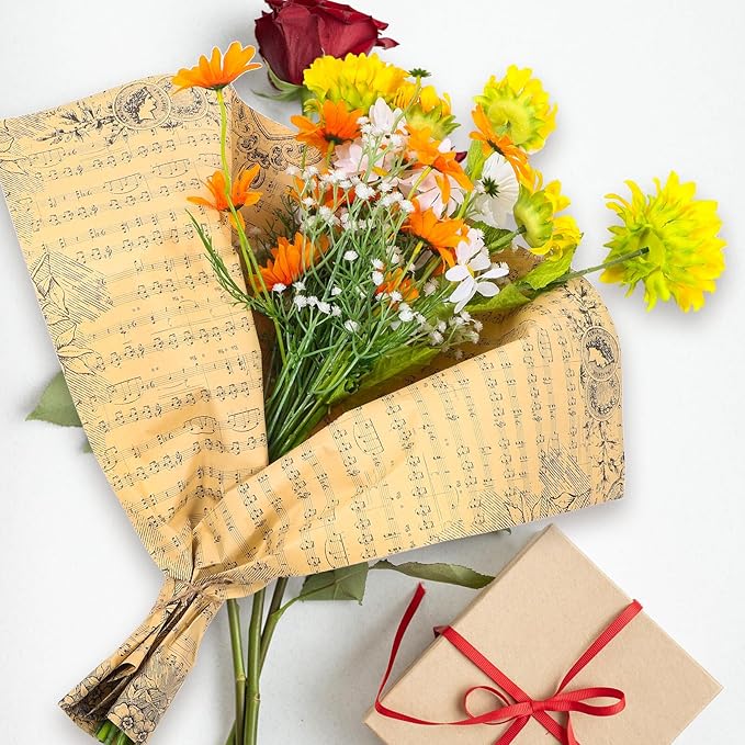 NIYANGLE 20 Sheets Vintage Floral Bouquet Wrapping Paper with Musical Notes Retro Wrap for Flowers and Festival Decorations Natural Dark Typography Kraft Paper for Elegant Bouquet