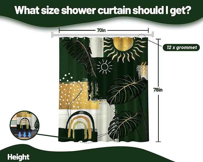 Green and Gold Mid Century Modern Shower Curtain Bohemian Abstract Shower Curtains for Bathroom Decor Sets, Waterproof Cloth Fabric with Hooks, 70x78 Inch