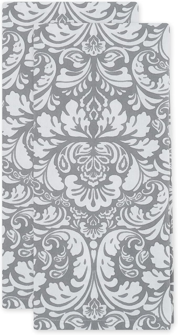 DII Cotton Dish Towel Set Damask Print, 18x28, Gray, 2 Count