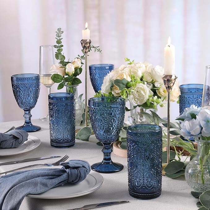 abrwyy Blue Drinking Highball Beverage Glass Cup, Vintage Drinking Glasses, Colored Glassware Set for Party Wedding, Home, Office, Water, Juice, Cocktail, Highball Glasses Set of 4